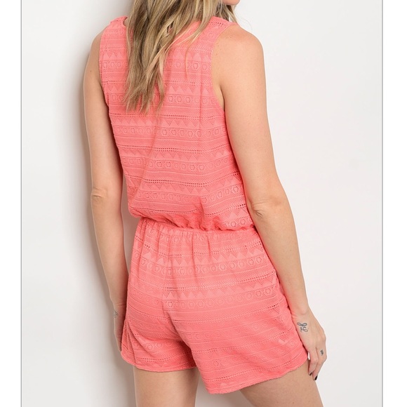 Lace-up Coral Lace Romper - Picture 2 of 6